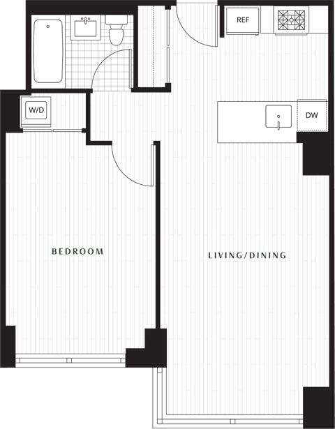 Floor plan for 1 bed, 1 bath, 673 sqft